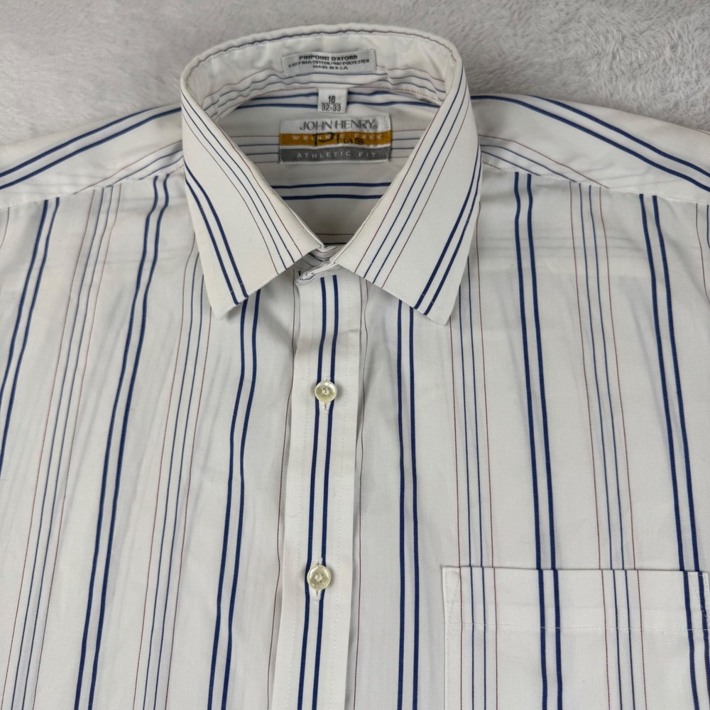 John Henry Button Down Shirt Men 16 32-33 White Striped Pinpoint Oxford Athletic